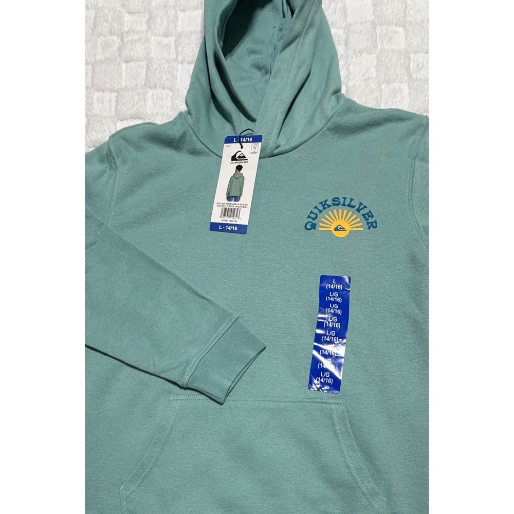 NWT- Quiksilver Youth Pullover Washed Hoodie Aquifer Blue Sun Graphic L 14/16